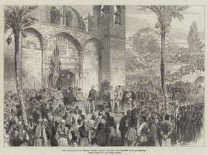 साइप्रस का व्यवसाय, ग्रीक पुजारी निकोसिया में ब्रिटिश ध्वज को आशीर्वाद देते हैं (उत्कीर्णन) द्वारा अंग्रेजी स्कूल
