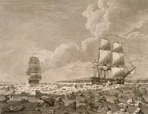 रेसोहर्स और शव बर्फ के माध्यम से जबरदस्ती, अगस्त 10, 1773, ए वॉयज टूवार्ड्स द नॉर्थ पोल अंडरटेकेन बाय हिज़ मैजेस्टिस कमांड 1773, प्रकाशित लंदन 1774 द्वारा अंग्रेजी स्कूल