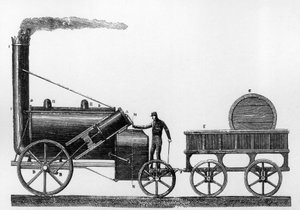 1829 में लिवरपूल-मैनचेस्टर रेलवे (उत्कीर्णन) के लिए जॉर्ज और रॉबर्ट स्टीफेंसन द्वारा डिजाइन और निर्मित रॉकेट, स्टीम लोकोमोटिव द्वारा अंग्रेजी स्कूल