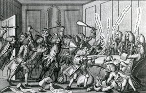 वार्विक-कैसल की घेराबंदी, या फैलो और लाइसेंसेट्स के बीच लड़ाई, 1768 द्वारा अंग्रेजी स्कूल