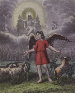 मनुष्य के पुत्र ने अपनी सारी महिमा के साथ ताज पहनाया ... (रंगीन उत्कीर्णन) द्वारा अंग्रेजी स्कूल
