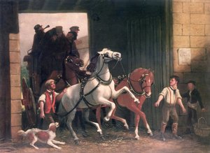 द स्टेज अराइव्स, c.1830 द्वारा अंग्रेजी स्कूल