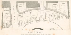 द स्ट्रैंड, लंदन, वर्ष 1810 में अपने सुधार से पहले; क्षेत्र की योजना द्वारा अंग्रेजी स्कूल