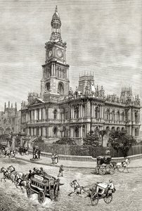 द टाउन हॉल, सिडनी, c.1880, हावर्ड विलोबी द्वारा &39;ऑस्ट्रेलियन पिक्चर्स&39; से, धार्मिक ट्रैक्ट सोसायटी, लंदन, 1886 द्वारा प्रकाशित द्वारा अंग्रेजी स्कूल
