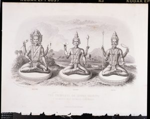 त्रिमूर्ति या हिंदू ट्रिनिटी, ए। थॉर्न द्वारा उत्कीर्ण, विश्व धर्म से, ए। फुलार्टन एंड कंपनी द्वारा प्रकाशित द्वारा अंग्रेजी स्कूल