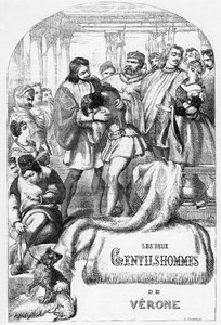 वेरोना के दो सज्जन - "विलियम शेक्सपियर द्वारा पूर्ण कार्य" में चित्रण 1866 - इस संस्करण के चित्र और सामान्य रूप लंदन में प्रकाशित कैसल के सचित्र शेक्सपियर से उधार लिए गए हैं। द्वारा अंग्रेजी स्कूल