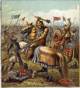 दो गुलाबों का युद्ध (1455-1485): यॉर्क के रॉयल हाउस और लैंकेस्टर के रॉयल मेसन के बीच लड़ाई। किंग एडवर्ड III (1327-1377) के उत्तराधिकारियों के दो शाखाओं में विभाजन से पैदा हुए अंग्रेजी गृहयुद्ध का चित्रण। रोजो का युद्ध द्वारा अंग्रेजी स्कूल