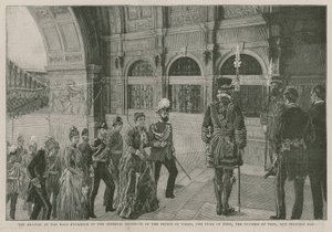 इम्पीरियल इंस्टीट्यूट ऑफ प्रिंस ऑफ वेल्स, ड्यूक ऑफ यॉर्क, डचेस ऑफ टेक और प्रिंसेस मे के मुख्य द्वार पर आगमन द्वारा अंग्रेजी स्कूल