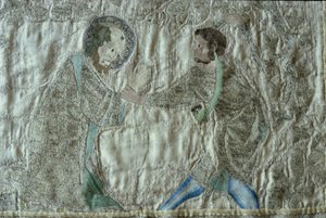 संत की शहादत, स्टेपल एस्टन कोप के ललाट से विस्तार, c.1340s (सिल्वर-गिल्ट थ्रेड और फॉन सिल्क ट्विल पर रंगीन सिल्क्स) द्वारा अंग्रेजी स्कूल