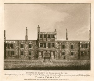 सोमरसेट हाउस, द स्ट्रैंड, लंदन के उत्तर सामने, 1777 में डब्ल्यू मॉस द्वारा तैयार किए गए एक प्रिंट पर आधारित था द्वारा अंग्रेजी स्कूल