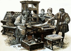 इंग्लैंड में तीसरा प्रिंटिंग प्रेस 1480 में सेंट एल्बंस में स्थापित किया गया था (कागज पर गौचे) द्वारा अंग्रेजी स्कूल