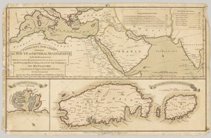 तीन मुद्रित रंगीन मानचित्र: 1798 में भूमध्य सागर में जनरल बोनापार्ट के मार्ग का प्रदर्शन करते फेयरबर्न द्वारा अंग्रेजी स्कूल