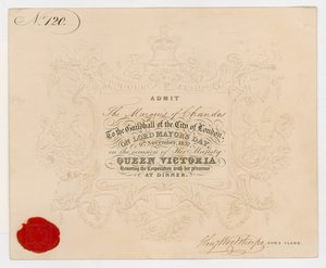 लॉर्ड मेयर्स डे, 9 नवंबर, 1837 को क्वीन विक्टोरिया के सम्मान में रात के खाने के लिए लंदन के सिटी गिल्डहॉल में टिकट का अधिग्रहण करने के लिए टिकट द्वारा अंग्रेजी स्कूल