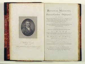 विलियम कर्टिस द्वारा विलियम कर्टिस के चित्र के साथ शीर्षक पृष्ठ (1749-99), विलियम कर्टिस द्वारा प्रदर्शित, बॉटनिकल पत्रिका या फ्लावर-गार्डन प्रदर्शित द्वारा अंग्रेजी स्कूल