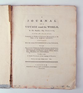 वर्ष 1768, 1779, 1770 और 1771 में लंदन में अपने मेजेस्टीज़ शिप एंडेवर में दुनिया भर में एक पत्रिका के शीर्षक का पन्नाभिषेक, 1771 में प्रिंट द्वारा अंग्रेजी स्कूल