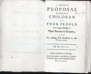 जोनाथन स्विफ्ट द्वारा एक मामूली प्रस्ताव का शीर्षक पृष्ठ, 1729 में प्रकाशित (प्रिंट) द्वारा अंग्रेजी स्कूल
