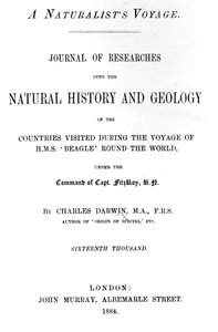 चार्ल्स डार्विन द्वारा दुनिया भर में एक प्रकृतिवादी यात्रा का शीर्षक, 1884 में प्रकाशित संस्करण (मुद्रित पत्र) द्वारा अंग्रेजी स्कूल