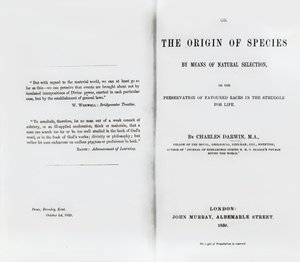 1859 में प्रकाशित चार्ल्स डार्विन द्वारा ऑन द ओरिजिन ऑफ़ स्पीशीज़ का शीर्षक पृष्ठ द्वारा अंग्रेजी स्कूल