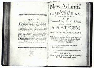 फ्रांसिस बेकन न्यू अटलांटिस के शीर्षक, 1660 में प्रकाशित संस्करण (प्रिंट) द्वारा अंग्रेजी स्कूल