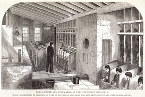 लंदन के द क्रिमिनल जेल्स और हेनरी मैय्यू (1812-87) द्वारा प्रिज़न लाइफ के सीन और सिटी बिन्नी, 1862 में ट्रोल-व्हील और ओकम-शेड द्वारा अंग्रेजी स्कूल
