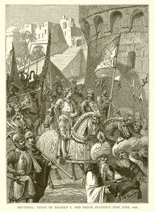 रिचर्ड I और फिलिप ऑगस्टस की ट्रम्पल एंट्री एकर, 1191 में द्वारा अंग्रेजी स्कूल