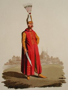 तुर्की योद्धा, 'विभिन्न राष्ट्रों की वेशभूषा', खंड VII, 'तुर्की की सैन्य पोशाक', थॉमस मैकलीन द्वारा प्रकाशित, c.1800-18 (हाथ के रंग का एक्वाटिंट) द्वारा अंग्रेजी स्कूल