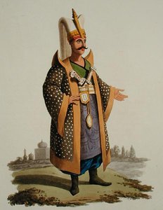 तुर्की योद्धा, 'विभिन्न राष्ट्रों की वेशभूषा', खंड VII, 'तुर्की की सैन्य पोशाक', थॉमस मैकलीन द्वारा प्रकाशित, c.1800-18 (हाथ के रंग का एक्वाटिंट) द्वारा अंग्रेजी स्कूल