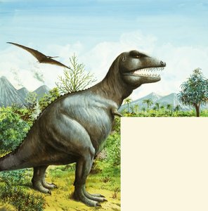 T Rex और Pterodactyl के साथ अज्ञात डायनासोर दृश्य द्वारा अंग्रेजी स्कूल