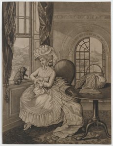 शीर्षकहीन (एक छोटे कुत्ते के बारे में एक खिड़की पर बैठी महिला), c.1780 (mezzotint) द्वारा अंग्रेजी स्कूल