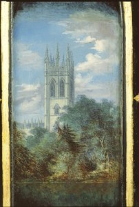 Magdalen College, Oxford (papier mache) के एक दृश्य से सजाया गया विक्टोरियन सिलाई कैबिनेट पैनल द्वारा अंग्रेजी स्कूल