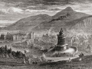 1886 में प्रकाशित सैमुअल जी। ग्रीन द्वारा &39;स्कॉटिश पिक्चर्स ड्रॉन्ड पेन एंड पेंसिल&39; से कैल्टन हिल पर द बर्न्स स्मारक से एडिनबर्ग देखें द्वारा अंग्रेजी स्कूल