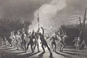 वाशिंगटन और फेयरफैक्स एक भारतीय युद्ध नृत्य, 1748 में, &39;गैलरी ऑफ हिस्टोरिकल पोर्ट्रेट्स&39; से, c.1880 प्रकाशित द्वारा अंग्रेजी स्कूल