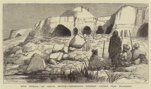 जनरल सर सैमुअल ब्राउन के साथ, जलालाबाद के पास उल्लेखनीय बौद्ध गुफाएं (उत्कीर्णन) द्वारा अंग्रेजी स्कूल
