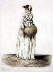 एक 'दिसंबर' पोशाक में महिला, c.1815 (कागज पर पानी के रंग और पेंसिल) द्वारा अंग्रेजी स्कूल