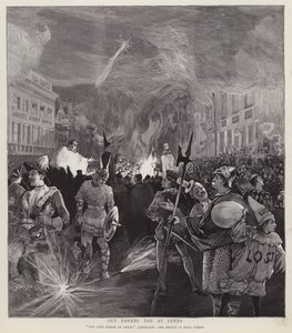 लुईस, ससेक्स में गाय फॉक्स डे जुलूस, 5 नवंबर 1892 (लिथो) द्वारा एनोच वार्ड