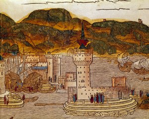 बर्नार्ड डी ब्रेयडेनबैक (ब्रेडेनबैक) (1454-1497) की पवित्र भूमि में तीर्थयात्रा के बाद यात्रा की पुस्तक "" पेरेग्रिनैटियो इन टेराम सैंक्टम "" से क्रेते पेज में कैंडी (वर्तमान हेराक्लिओन) के बंदरगाह का दृश्य। एरहार्ड रे द्वारा उत्कीर्णन