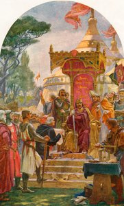 किंग जॉन 15 जून, 1215 को विंडसर, इंग्लैंड के पास टेम्स नदी के किनारे, रननिमेड में मैग्ना कार्टा का अनुदान देते हुए। कासेल के इंग्लैंड के इतिहास से, प्रकाशित c.1901
