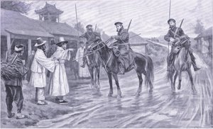 एक कोरियाई बंदी से जानकारी इकट्ठा करने वाले स्काउट स्काउट्स, रुसो-जापानी युद्ध खंड 1 का इतिहास, सी .900 से चित्रण द्वारा अर्नेस्ट प्रेटर