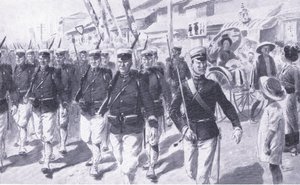 टोकियो के माध्यम से जापानी मार्चिंग, रुसो-जापानी युद्ध खंड 1 के इतिहास से चित्रण, c.1900 द्वारा अर्नेस्ट प्रेटर