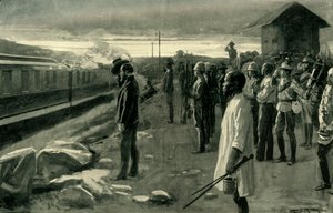 1902 में ब्लॉकहाउस गार्ड्स द्वारा सलामी दी गई श्री रोड्स के अवशेषों को ले जाने वाली ट्रेन। द्वारा अर्नेस्ट प्रेटर