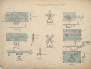 आयरन लैच और बोल्ट के लिए डिज़ाइन, c.1905-15 (कागज पर पेंसिल और wc) द्वारा अर्नेस्ट विलियम गिम्सन