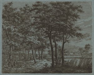 जलाऊ लकड़ी ले जाने वाले किसान के साथ लैंडस्केप, c. 1800.