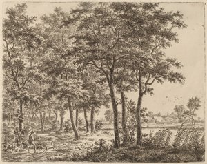 जलाऊ लकड़ी ले जाने वाले किसान के साथ लैंडस्केप, c. 1800.