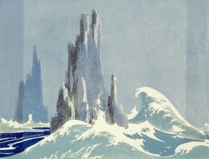 कैथेड्रल रॉक्स, तस्मानिया, 1939 (लिनोकट) द्वारा एथलीन पामर