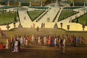 प्रोमेनेड डी लुई XIV (1638-1715) वर्साय विवरण के बगीचों में उत्तरी पार्टर को देखते हुए। एटिने एलेग्रेन (1644-1736) द्वारा 1688 में सन के आसपास पेंटिंग। 2,3x2,9 वर्ग मीटर