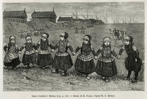 1878 में चार्ल्स डी कोस्टर द्वारा नीरलैंड की कहानी को चित्रित करने के लिए, मार्केन (नीदरलैंड्स) में बच्चों के नृत्य, ई। रोंजट द्वारा एक चित्र के बाद उत्कीर्णन, एडौर्ड चार्टन के निर्देशन में टूर डू मोंडे में प्रकाशित हुआ। द्वारा एटिने एंटोनी यूजीन रोनजत