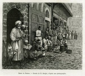 दमिश्क बाजार। E.Ronjat द्वारा उत्कीर्णन, कहानी को चित्रित करने के लिए La सीरिया d'aujourd'hui, एम. लोर्टेट द्वारा, ल्यों के चिकित्सा संकाय के डीन, सार्वजनिक शिक्षा मंत्रालय द्वारा एक मिशन के साथ, टूर डू मोंडे में प्रकाशित, दिशा o . के तहत द्वारा एटिने एंटोनी यूजीन रोनजत