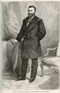यूलिसिस ग्रांट (1822-1885), अमेरिकी जनरल, अलगाव युद्ध के दौरान संघ के सैनिकों के नेता और 1869 से 1877 तक दो कार्यकालों के लिए संयुक्त राज्य अमेरिका (संयुक्त राज्य अमेरिका) के 18 वें राष्ट्रपति का पोर्ट्रेट। ई.रोनजट के चित्र के बाद उत्कीर्णन स्टो का वर्णन क द्वारा एटिने एंटोनी यूजीन रोनजत