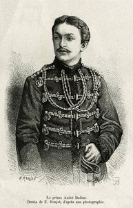 मिंग्रेली के प्रिंस आंद्रे डैडियन (1850-1910), रूसी सेना के जनरल और शतरंज चैंपियन। 1876-187 में कार्ला सेरेना की कहानी अन टूर एन मिंग्रेली (जॉर्जिया का क्षेत्र, जो काकेशस और रियोन के बीच फैला हुआ है) को चित्रित करने के लिए ई.रोन्जट द्वारा उत्कीर्णन द्वारा एटिने एंटोनी यूजीन रोनजत