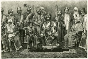 कश्मीर महाराजा, रामबीर सिंह और उनका दरबार। 1881 में मैरी डी उज्फालवी-बॉर्डन (उज्फल्वी बॉर्डन) द्वारा "पश्चिमी हिमालय में एक पेरिस की महिला का पोर्ट्रेट" कहानी को चित्रित करने के लिए ई। रोंजत द्वारा उत्कीर्ण। टूर डू मोंडे में प्रकाशित, दूसरा सेमेस द्वारा एटिने एंटोनी यूजीन रोनजत